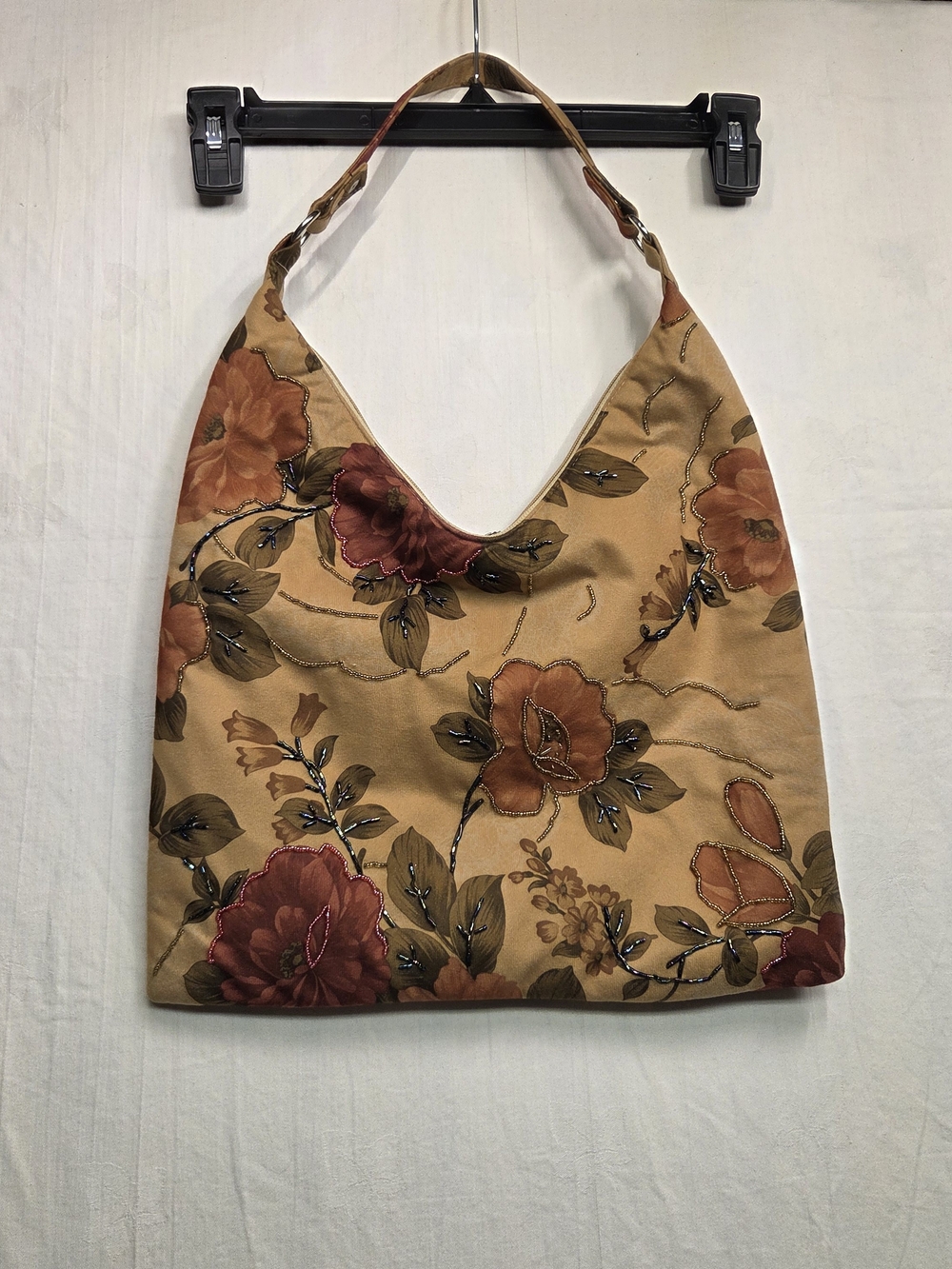 Floral Embroidered Shoulder Bag in Tan and Rust. With 2 Straps